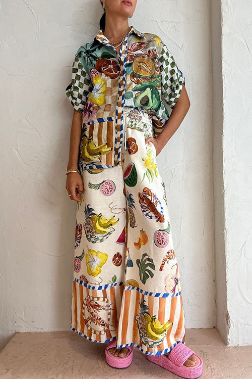 Rowangirl  Short Sleeve Shirt Loose Fit Wide Leg Pants Set