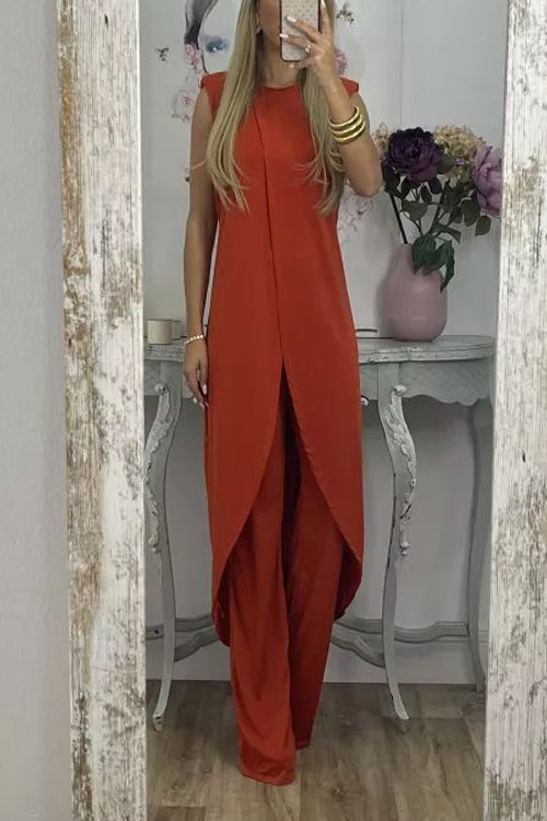 Rowangirl Casual Sleeveless Loose Round Neck Trousers Two-Piece Set