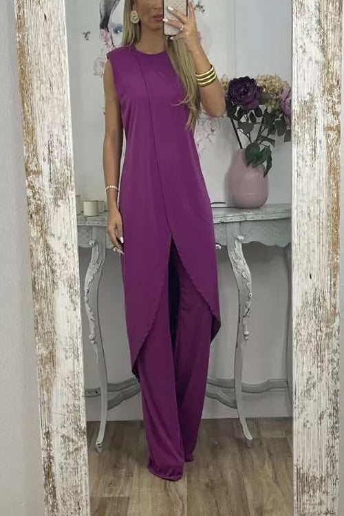 Rowangirl Casual Sleeveless Loose Round Neck Trousers Two-Piece Set