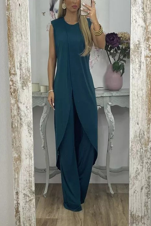 Rowangirl Casual Sleeveless Loose Round Neck Trousers Two-Piece Set