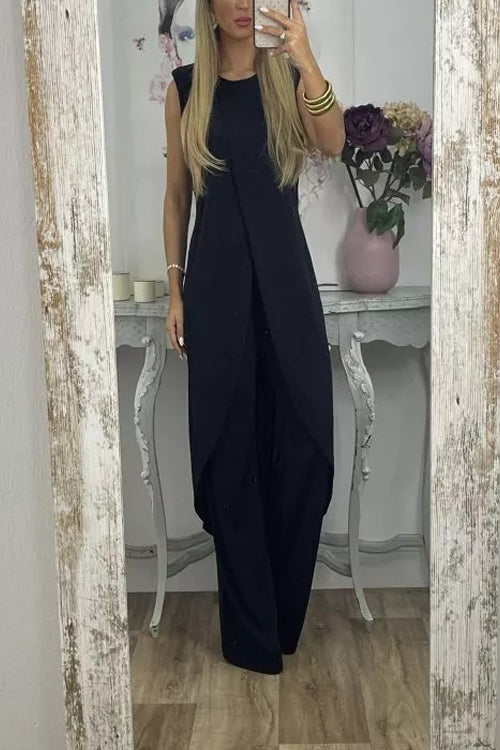 Rowangirl Casual Sleeveless Loose Round Neck Trousers Two-Piece Set