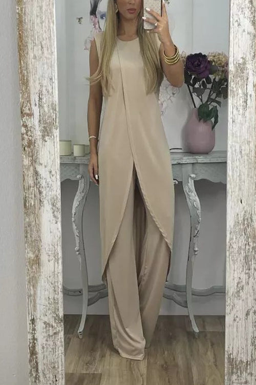 Rowangirl Casual Sleeveless Loose Round Neck Trousers Two-Piece Set