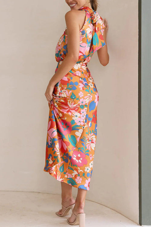 Rowangirl Sleeveless Tie Printed Satin Dress