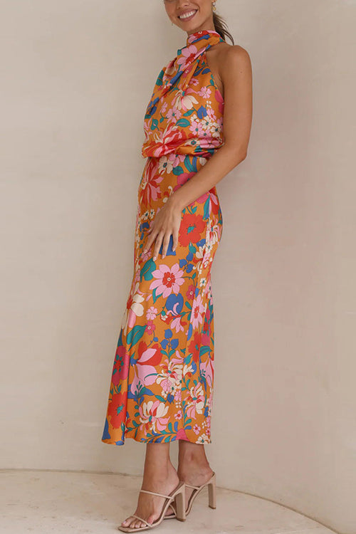 Rowangirl Sleeveless Tie Printed Satin Dress