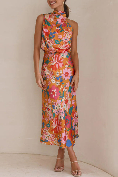 Rowangirl Sleeveless Tie Printed Satin Dress