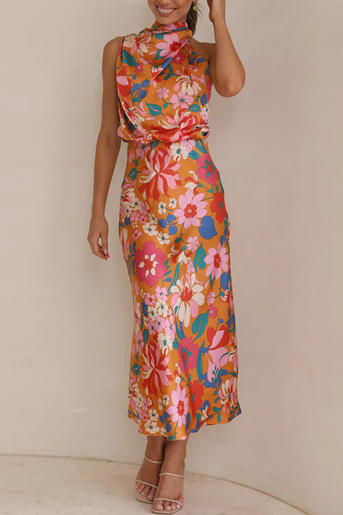 Rowangirl Sleeveless Tie Printed Satin Dress