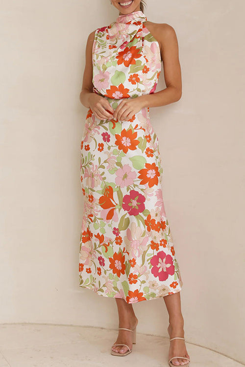 Rowangirl Sleeveless Tie Printed Satin Dress