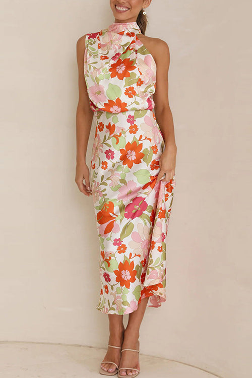 Rowangirl Sleeveless Tie Printed Satin Dress