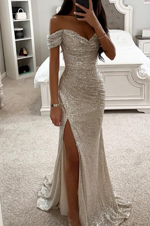 Rowangirl Party Sequined Bateau Neck Slit Maxi Dress