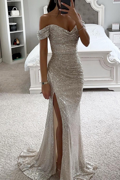 Rowangirl Party Sequined Bateau Neck Slit Maxi Dress