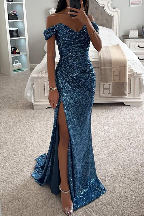 Rowangirl Party Sequined Bateau Neck Slit Maxi Dress