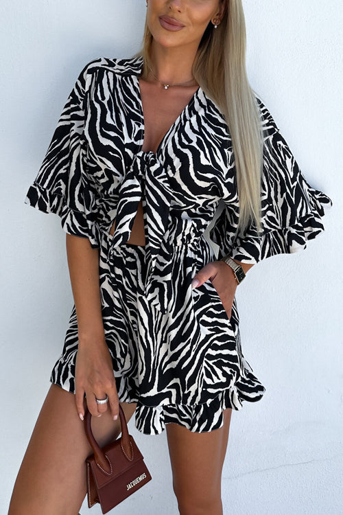 Rowangirl Printed Ruffled V-Neck Tie-Up High-Waisted Jumpsuit