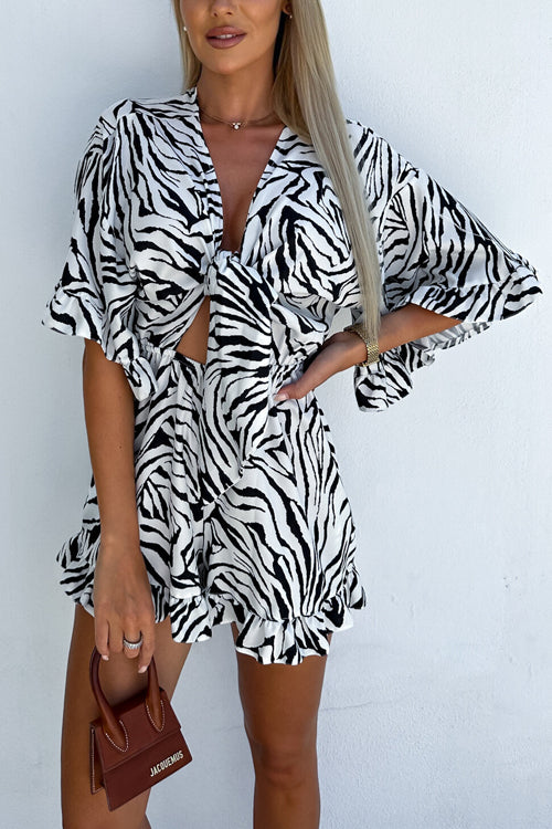Rowangirl Printed Ruffled V-Neck Tie-Up High-Waisted Jumpsuit
