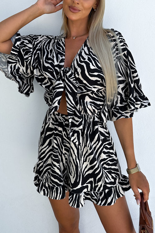 Rowangirl Printed Ruffled V-Neck Tie-Up High-Waisted Jumpsuit