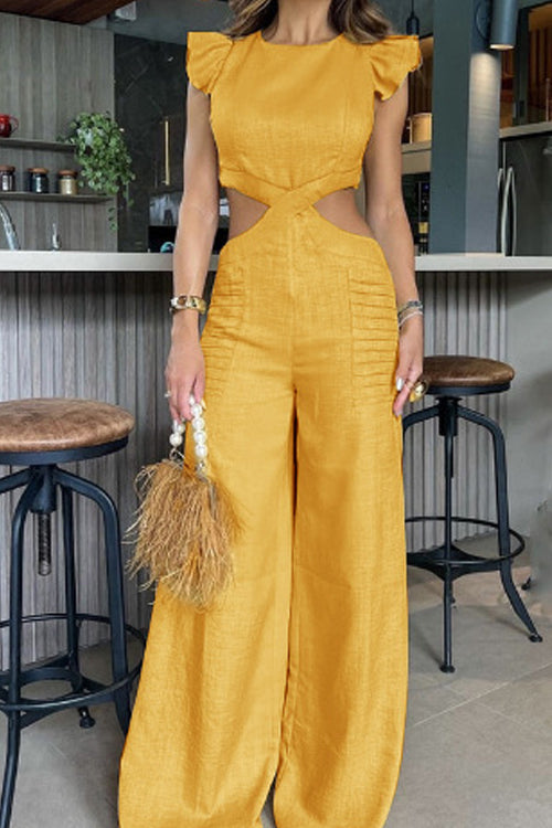Rowangirl  Round Neck Ruffled Loose Trousers Jumpsuit