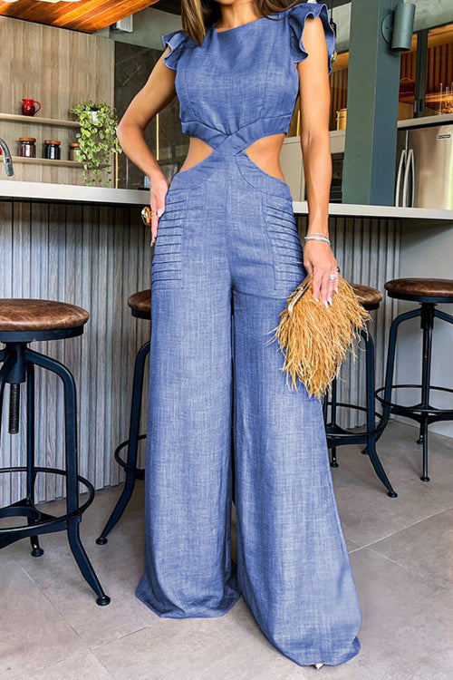 Rowangirl  Round Neck Ruffled Loose Trousers Jumpsuit