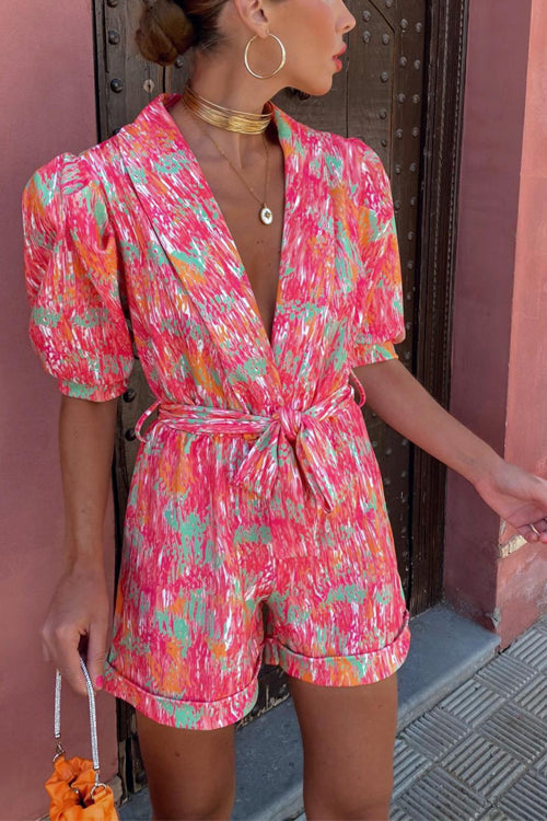 Rowangirl V-Neck Puff Sleeve Short-Sleeved Printed Belt Jumpsuit