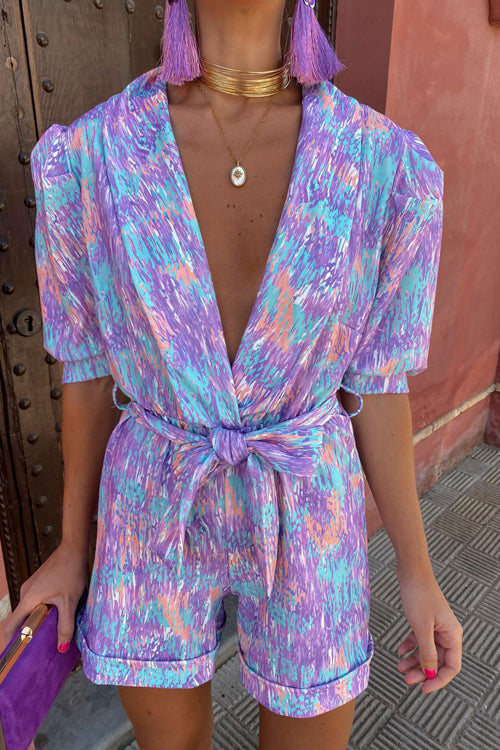 Rowangirl V-Neck Puff Sleeve Short-Sleeved Printed Belt Jumpsuit