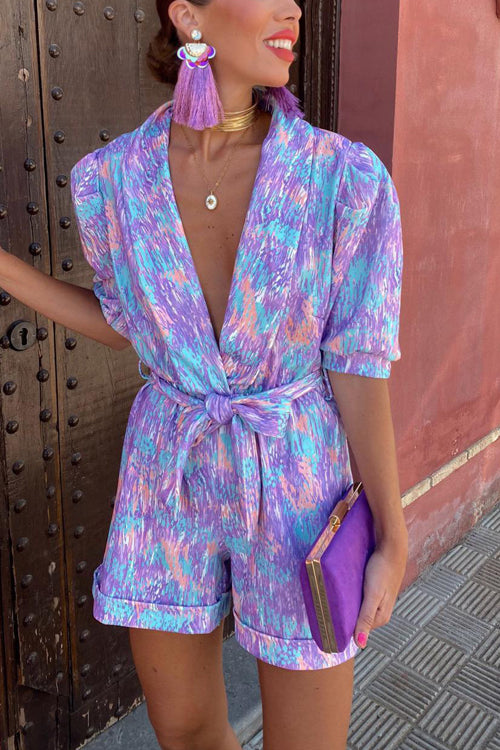 Rowangirl V-Neck Puff Sleeve Short-Sleeved Printed Belt Jumpsuit
