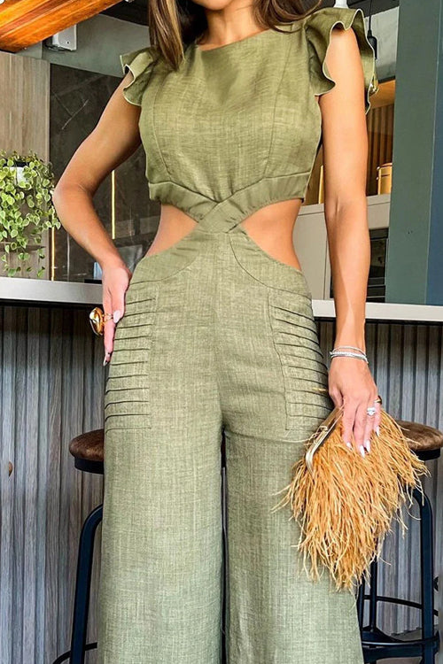 Rowangirl  Round Neck Ruffled Loose Trousers Jumpsuit
