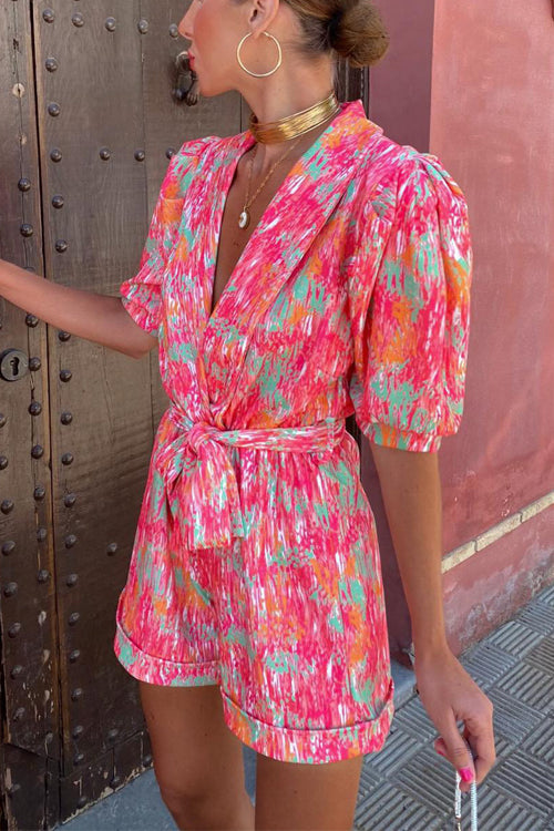 Rowangirl V-Neck Puff Sleeve Short-Sleeved Printed Belt Jumpsuit