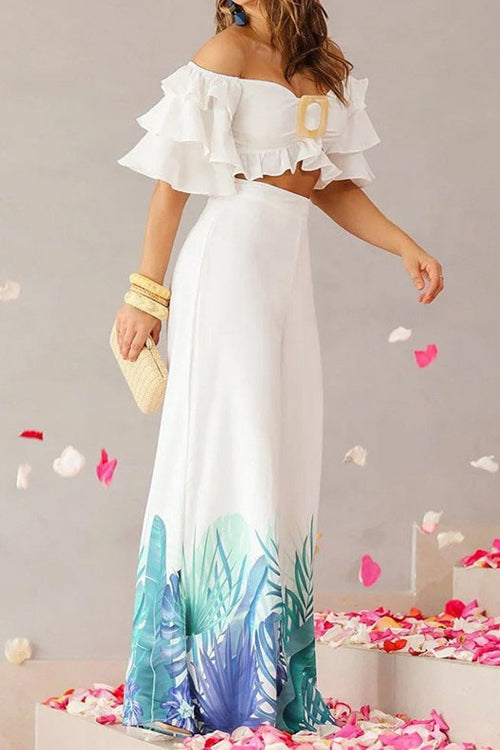Rowangirl  One-Shoulder Top Wide-Leg Printed Pants Suit