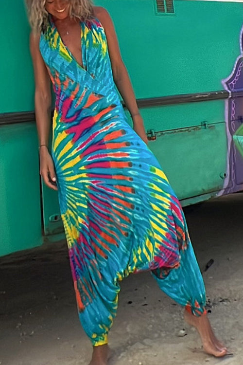 Rowangirl Printed Casual Halter Neck V-Neck Backless Jumpsuit