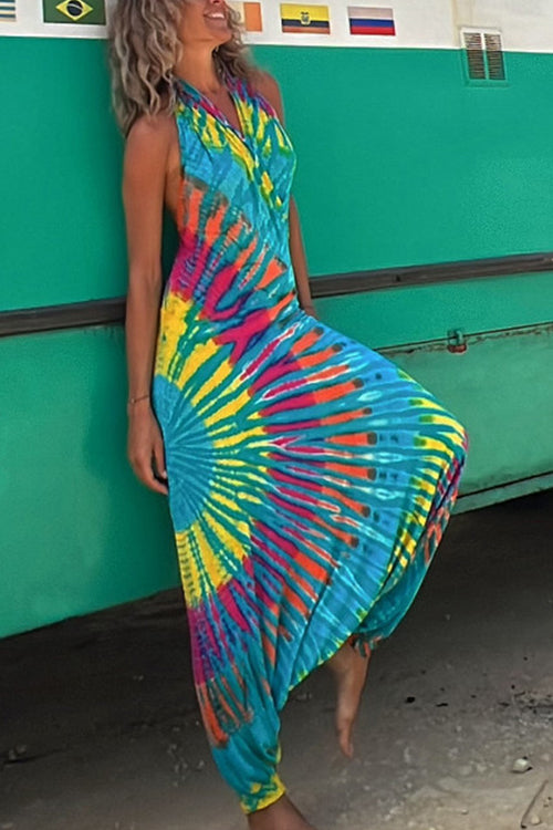 Rowangirl Printed Casual Halter Neck V-Neck Backless Jumpsuit