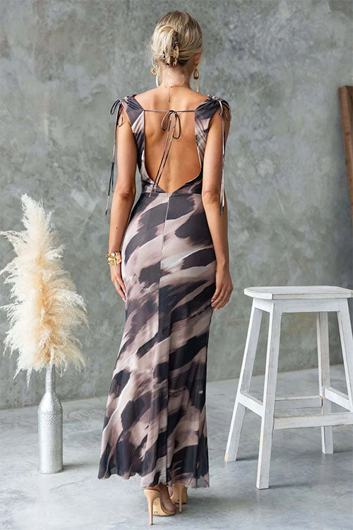 Rowangirl Elegant Printed V-Neck Backless Lace-Up Dress