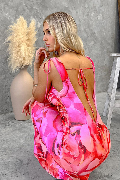 Rowangirl Elegant Printed V-Neck Backless Lace-Up Dress