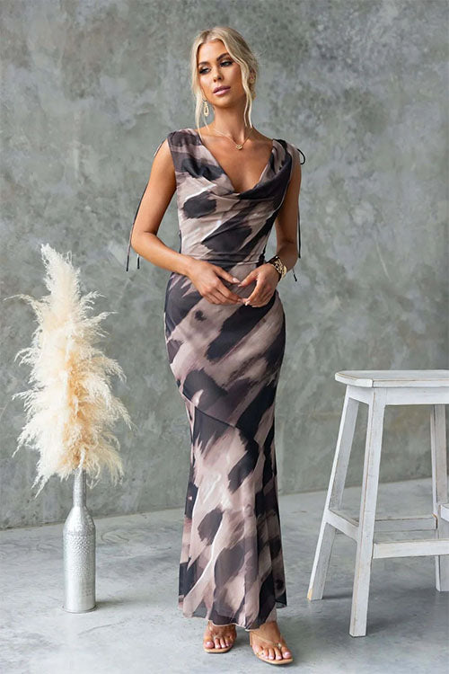 Rowangirl Elegant Printed V-Neck Backless Lace-Up Dress