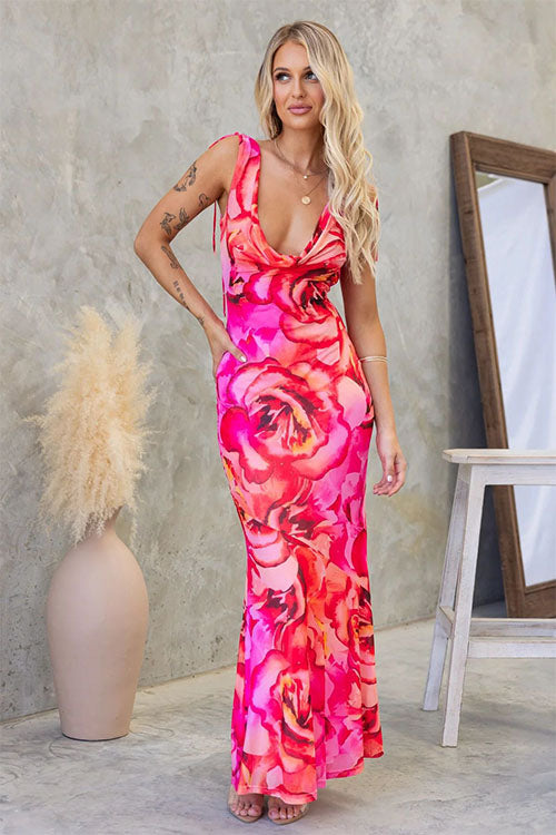 Rowangirl Elegant Printed V-Neck Backless Lace-Up Dress