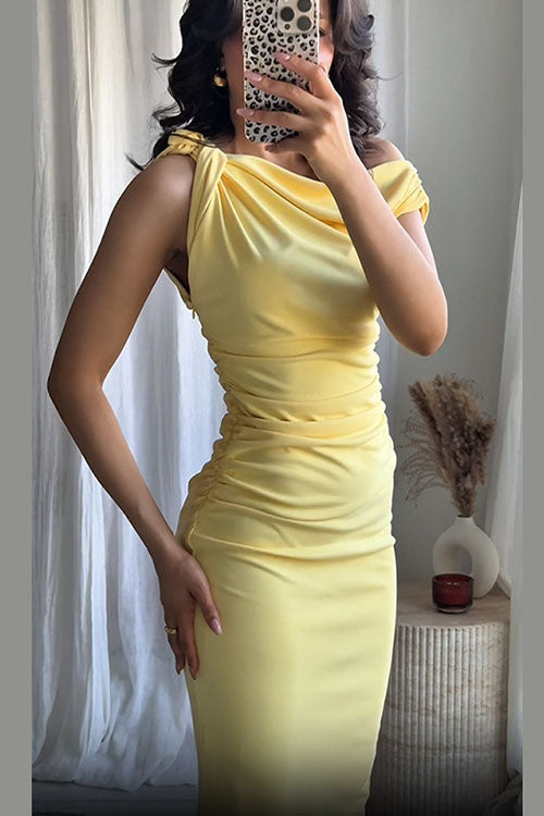 Rowangirl  Pleated Off-Shoulder Sleeveless Dress