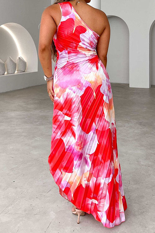 Rowangirl Pleated Printed One-Shoulder Sleeveless Dress