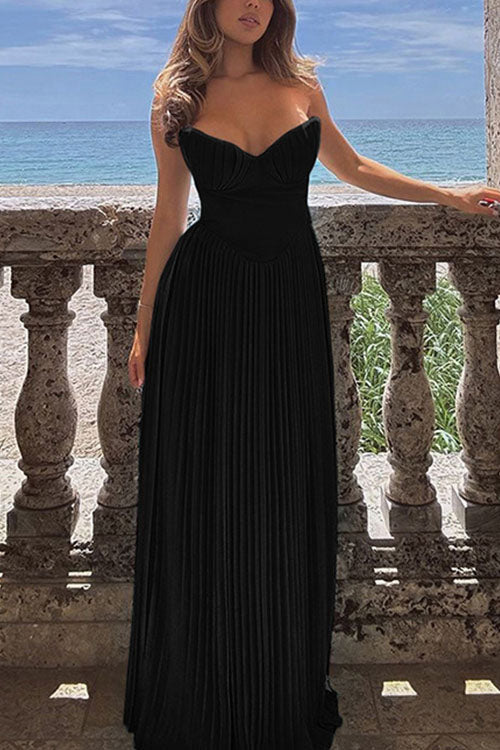 Rowangirl V-Neck Pleated Dress Tube Top Maxi Dress Slim Backless Dress