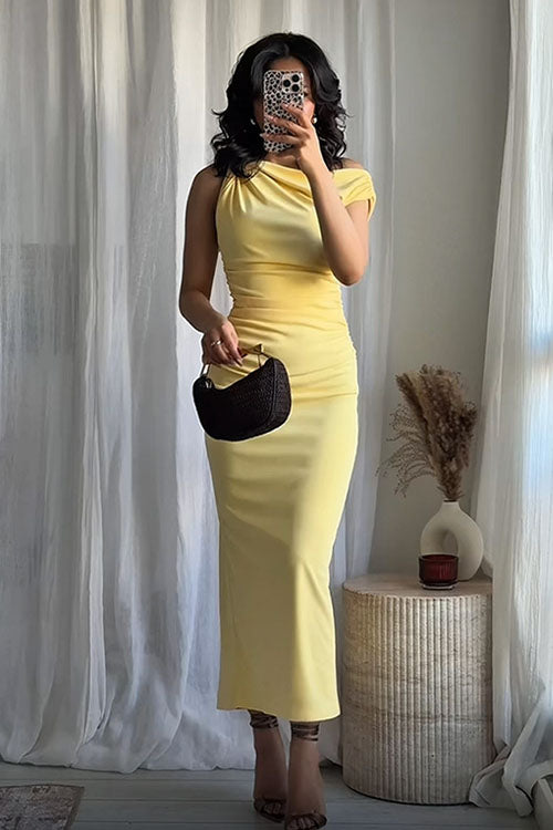 Rowangirl  Pleated Off-Shoulder Sleeveless Dress