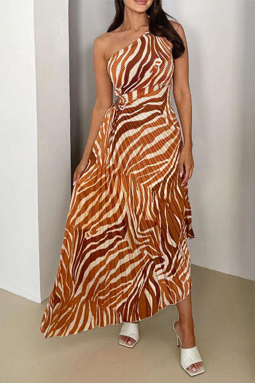 Rowangirl Pleated Printed One-Shoulder Sleeveless Dress