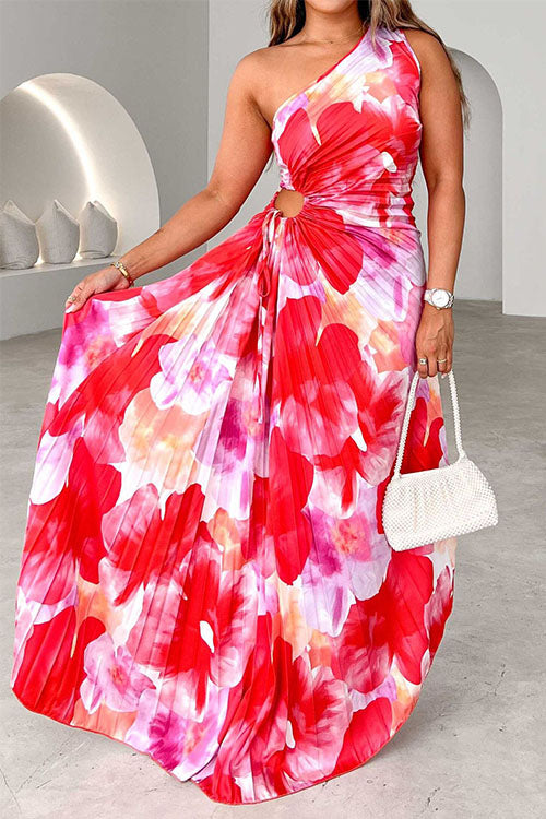 Rowangirl Pleated Printed One-Shoulder Sleeveless Dress