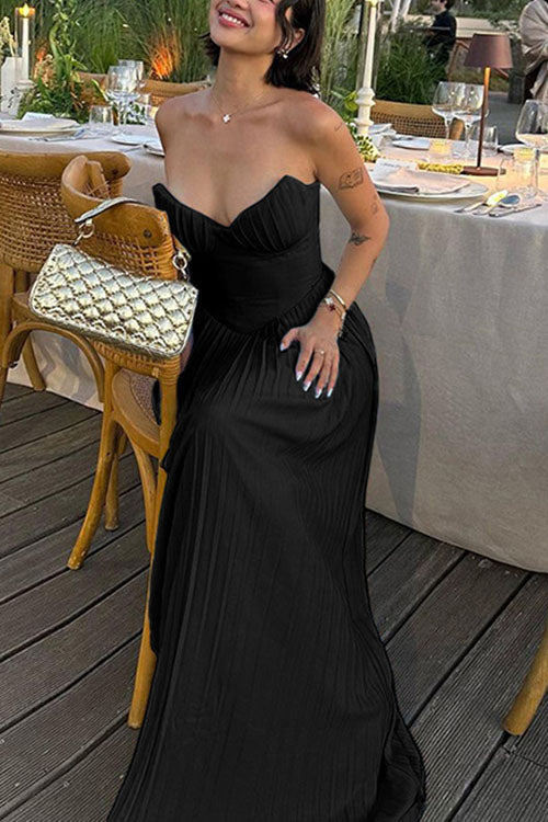 Rowangirl V-Neck Pleated Dress Tube Top Maxi Dress Slim Backless Dress