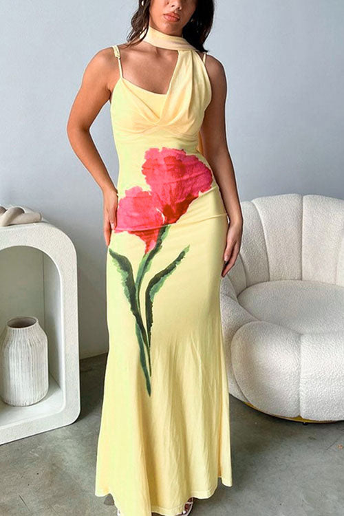 Rowangirl  High-waisted Slim-fitting Suspender Dress With Printed Design