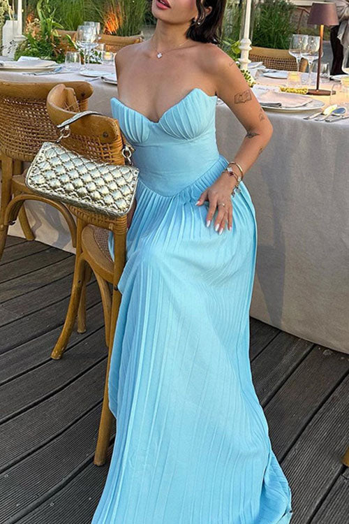Rowangirl V-Neck Pleated Dress Tube Top Maxi Dress Slim Backless Dress