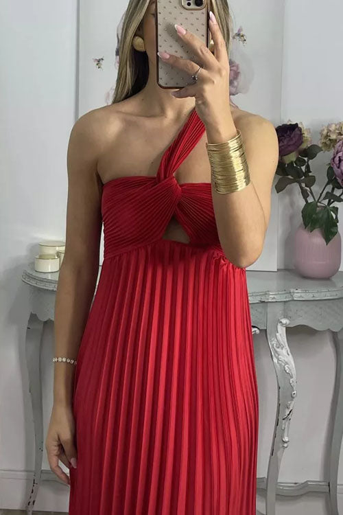 Rowangirl Off-Shoulder Open-Back Sleeveless High-Waist Pleated Dress