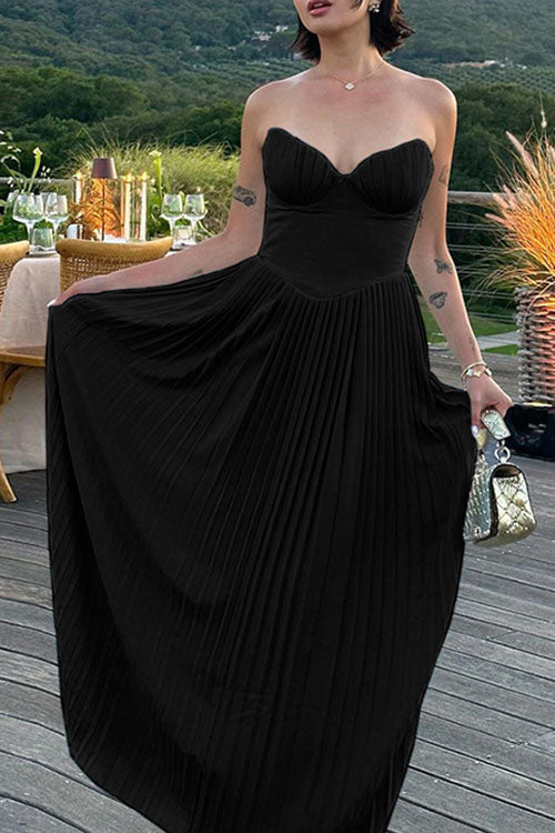 Rowangirl V-Neck Pleated Dress Tube Top Maxi Dress Slim Backless Dress