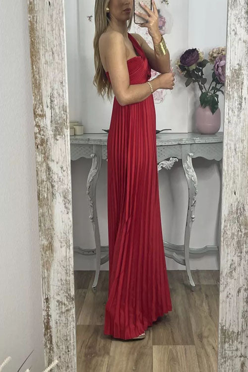 Rowangirl Off-Shoulder Open-Back Sleeveless High-Waist Pleated Dress