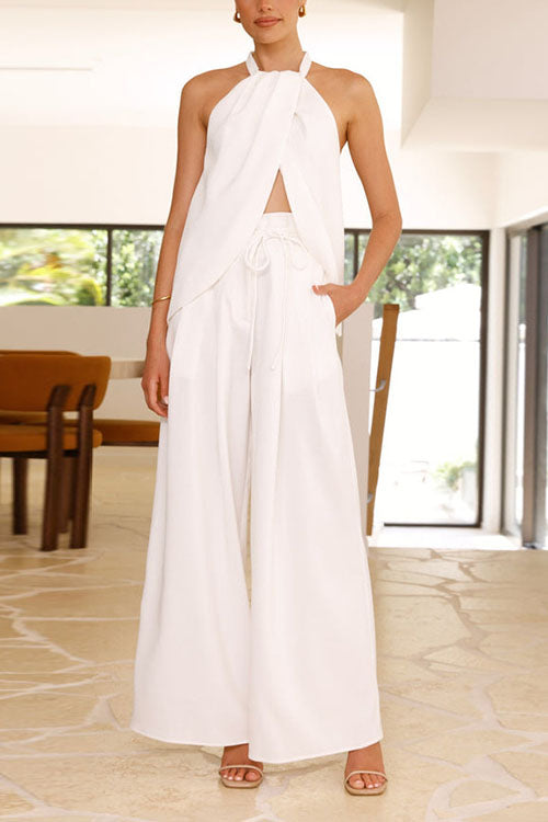 Rowangirl Solid Color Elegant Vest And Wide-Leg Pants Two-Piece Set
