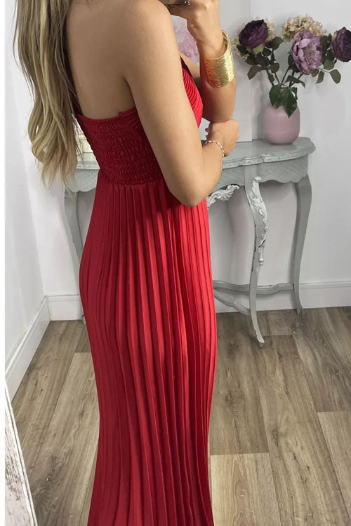 Rowangirl Off-Shoulder Open-Back Sleeveless High-Waist Pleated Dress