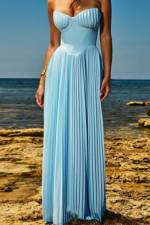 Rowangirl V-Neck Pleated Dress Tube Top Maxi Dress Slim Backless Dress