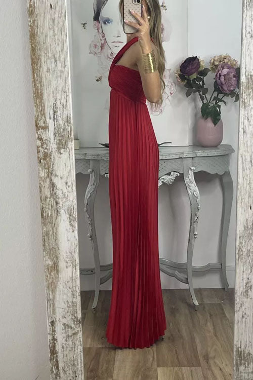 Rowangirl Off-Shoulder Open-Back Sleeveless High-Waist Pleated Dress