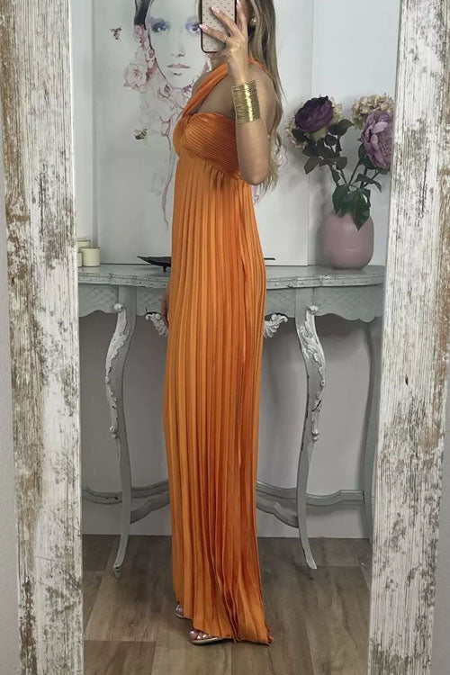 Rowangirl Off-Shoulder Open-Back Sleeveless High-Waist Pleated Dress