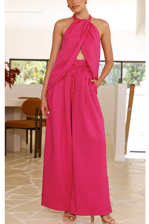 Rowangirl Solid Color Elegant Vest And Wide-Leg Pants Two-Piece Set